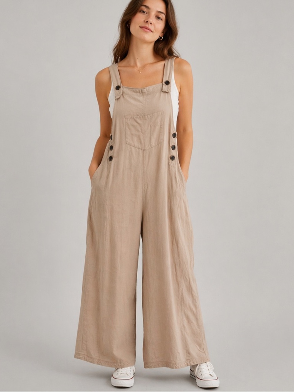 Easel Los Angeles Linen Blend Jumpsuit Overalls L Beige Wide Leg Boho Pockets